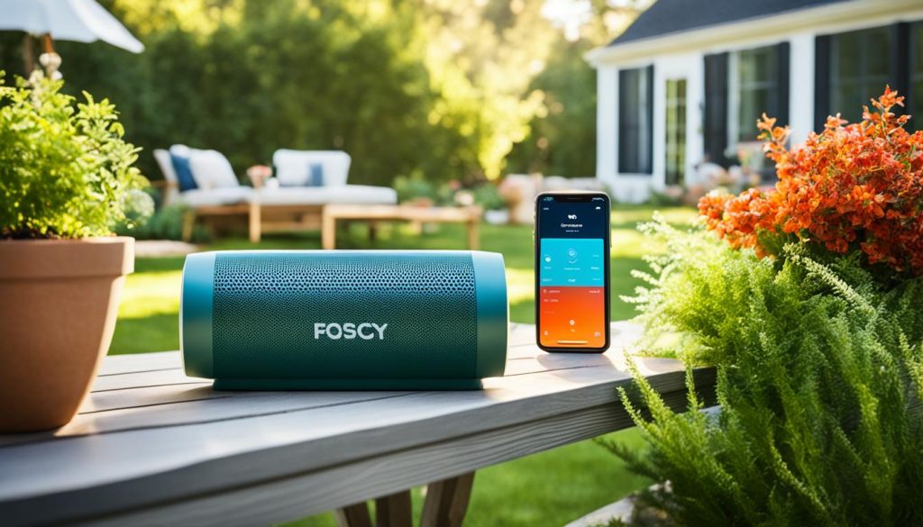 Outdoor wireless speaker in a backyard setting